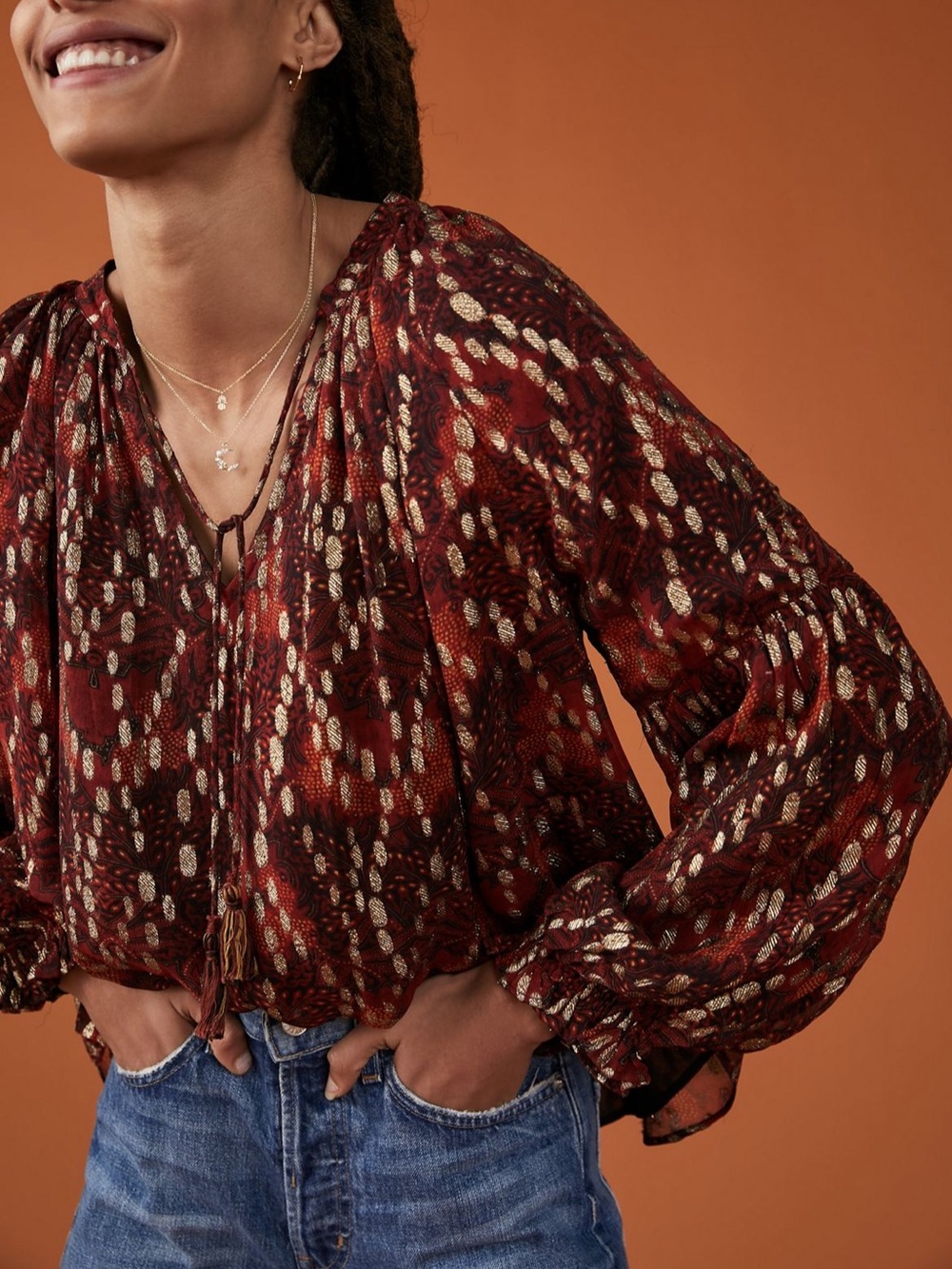 Love the label Jane peasant blouse red w gold metallic sz XSP festive holiday